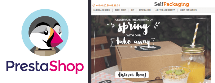 Collage of the PrestaShop logo and screenshot of SelfPackaging's website Collage of the PrestaShop logo and screenshot of SelfPackaging's website