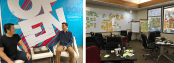 Collage of DNN team members and Post-It notes stuck to the walls after a brainstorming session