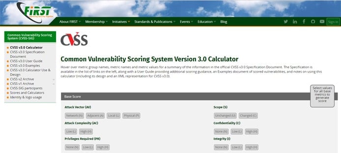 Screenshot of Common Vulnerability Scoring System calculator Screenshot of Common Vulnerability Scoring System calculator