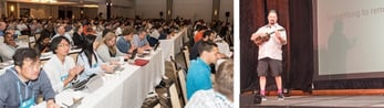 Images of conference attendees and speaker with ukulele