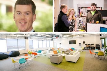 Photo collage of Greg Lord, SmartBear team, and office space