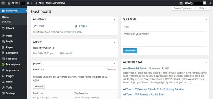 Screenshot of WordPress dashboard