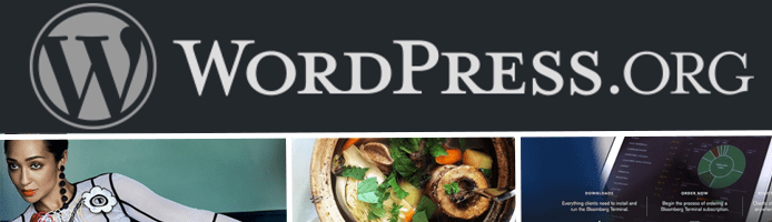 Collage of WordPress.org logo and screenshots of fashion, food, and business WordPress sites