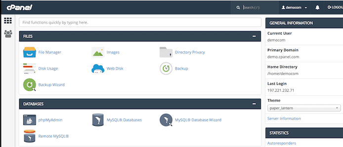 cPanel dashboard