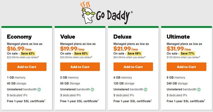 Screenshot of GoDaddy pricing tables with logo