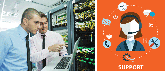 Picture of server technicians with a technical support graphic