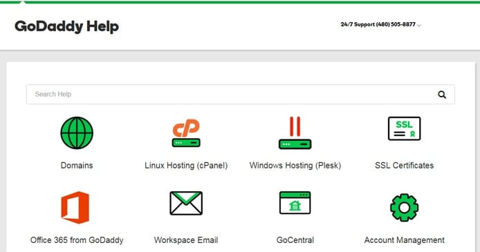 Screenshot of GoDaddy support site