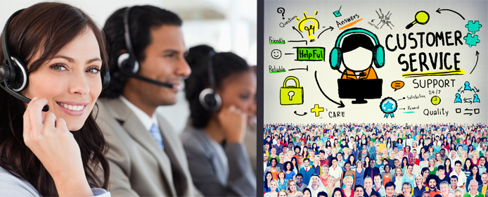 Collage of customer service reps and graphic depicting the flow of customer support Collage of customer service reps and graphic depicting the flow of customer support