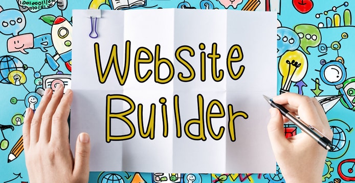 Website Builder text with hands and colorful illustrations Website Builder text with hands and colorful illustrations