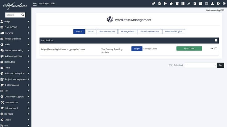 Screenshot of Softaculous WordPress install