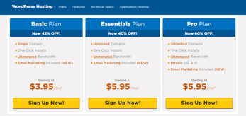 Screenshot of HostGator WordPress pricing tiers