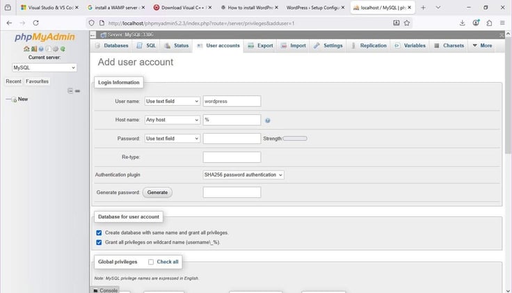 phpMyAdmin on WampServer showing database and user account setup for WordPress phpMyAdmin on WampServer showing database and user account setup for WordPress