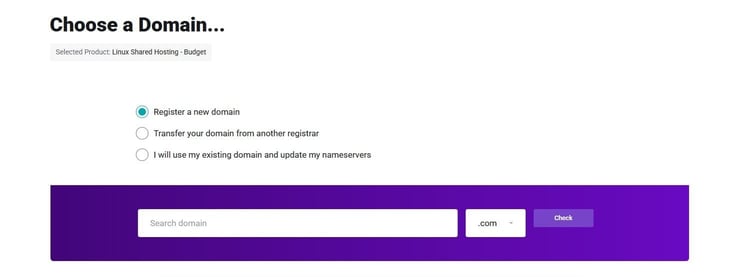 AccuWeb Hosting domain setup screen with options to register, transfer, or use an existing domain AccuWeb Hosting domain setup screen with options to register, transfer, or use an existing domain