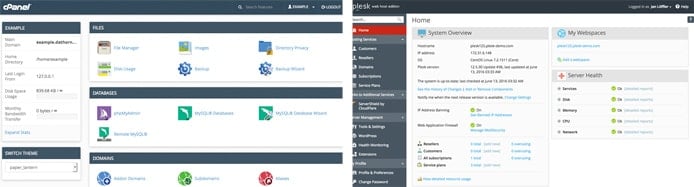 Screenshots of cPanel and Plesk control panels Screenshots of cPanel and Plesk control panels