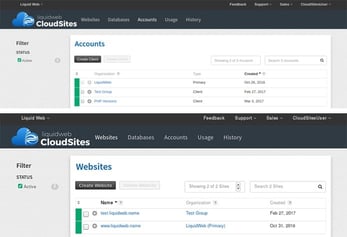 Screenshots of Liquid Web Cloud Sites control panel