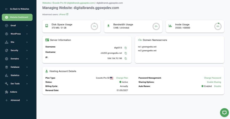 Screenshot of GreenGeeks' Website Dashboard