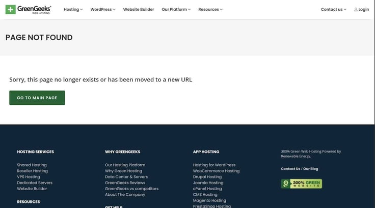 Screenshot of GreenGeeks Page Not Found error