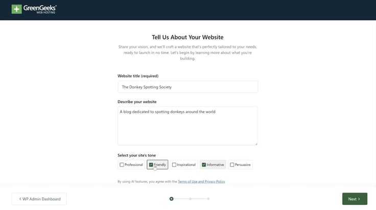 Screenshot of GreenGeeks' site builder prompts