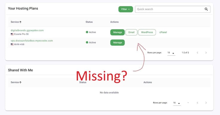 Screenshot of fields missing in my GreenGeeks' dashboard