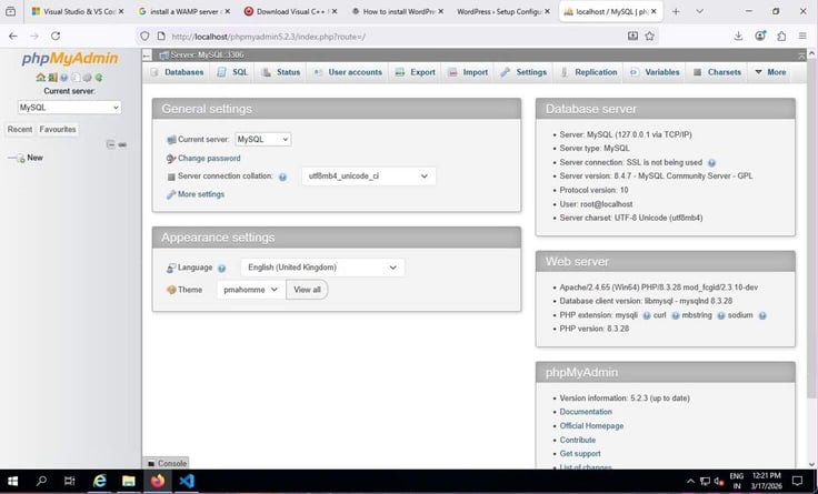 phpMyAdmin on WampServer showing database and user account setup for WordPress phpMyAdmin on WampServer showing database and user account setup for WordPress