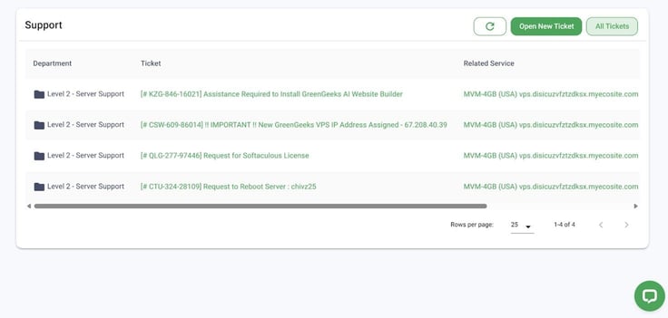 Screenshot of GreenGeeks' support tickets
