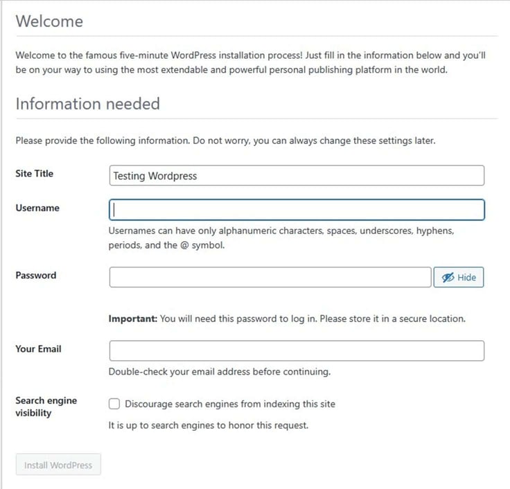 WordPress site details setup screen on AccuWeb Hosting Windows VPS WordPress site details setup screen on AccuWeb Hosting Windows VPS