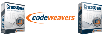 Photo of CrossOver product boxes and the CodeWeavers logo