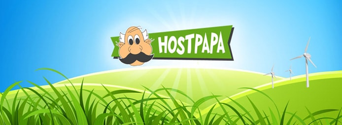 HostPapa logo above green hills with wind energy turbines