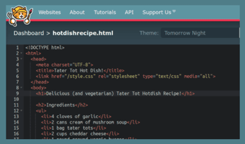 Screenshot of the Neocities HTML editor