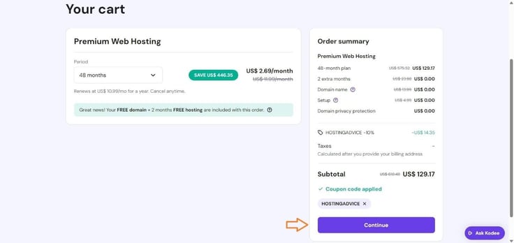 Hostinger checkout page