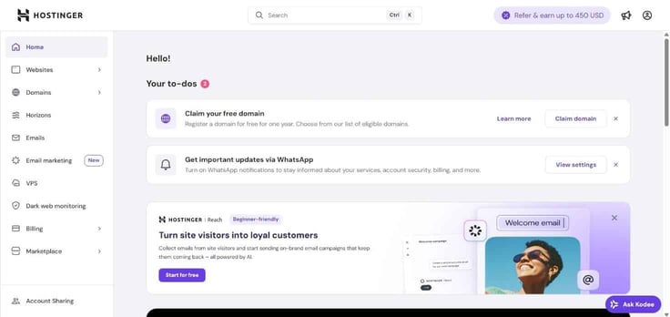 Hostinger home tab