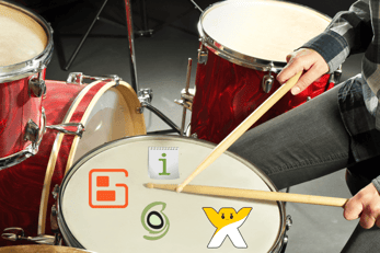 Collage of web host logos on a drum set