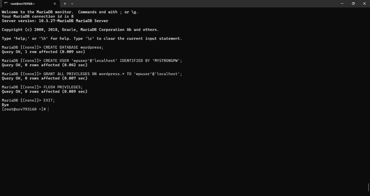 Terminal showing MariaDB commands to create a WordPress database and user with assigned privileges.