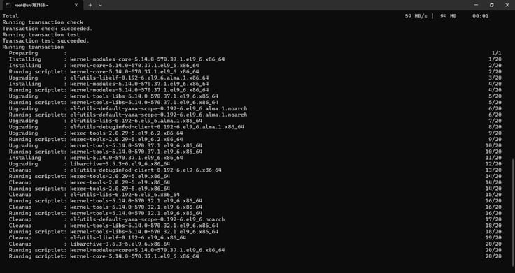Terminal showing Linux package installation and upgrade progress for kernel and system libraries.