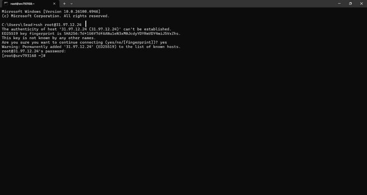 Windows command line window showing SSH connection confirmation and successful login to a remote server.