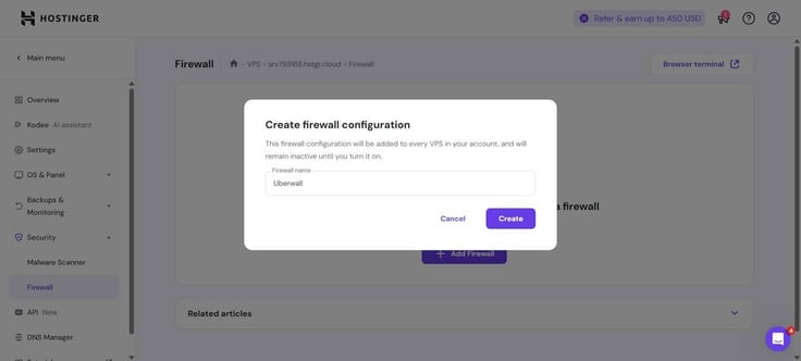 Hostinger create firewall configuration prompt.