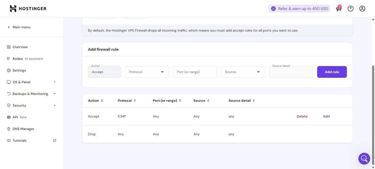 Hostinger firewall configuration page showing the option to add firewall rules.