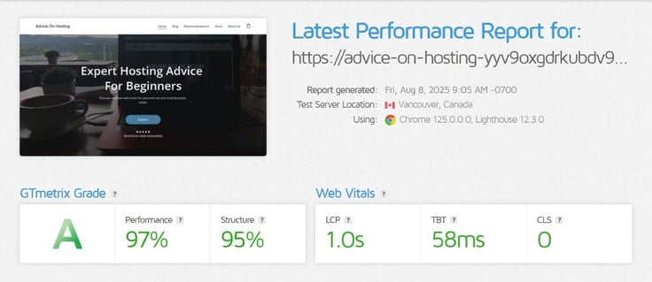 GTMetrix performance report