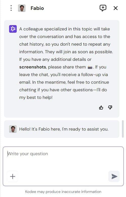 Screenshot of customer support chat with Fabio.
