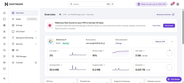 Hostinger VPS dashboard showing system performance metrics and a malware warning for the server.