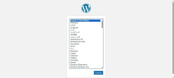 WordPress setup screen displaying a list of available languages with English (United States) selected.