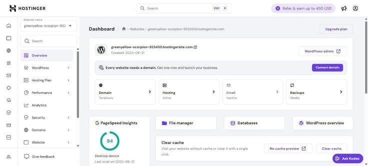 Hostinger dashboard overview screenshot