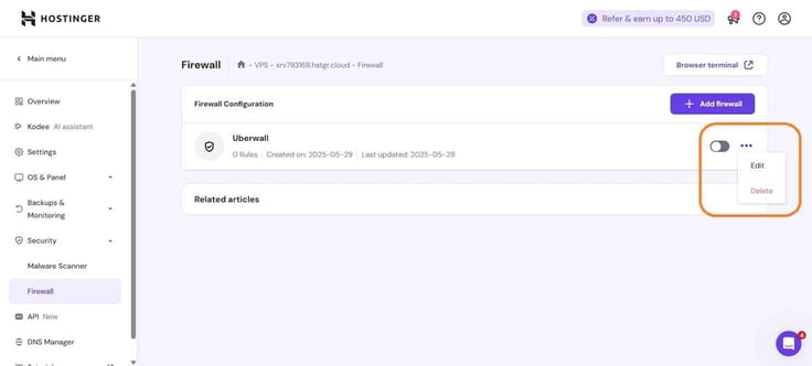 Hostinger firewall configuration page showing a firewall named Uberwall with options to edit or delete.