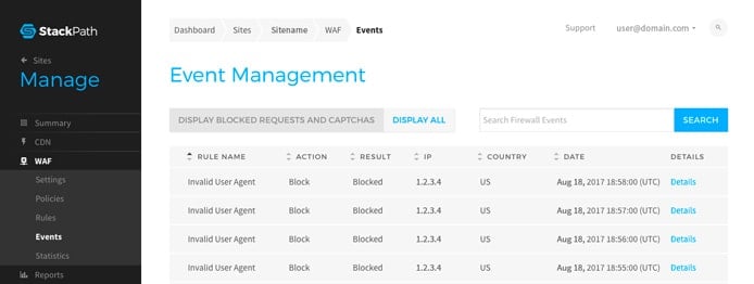 Screenshot of the StackPath web application firewall user interface Screenshot of the StackPath web application firewall user interface
