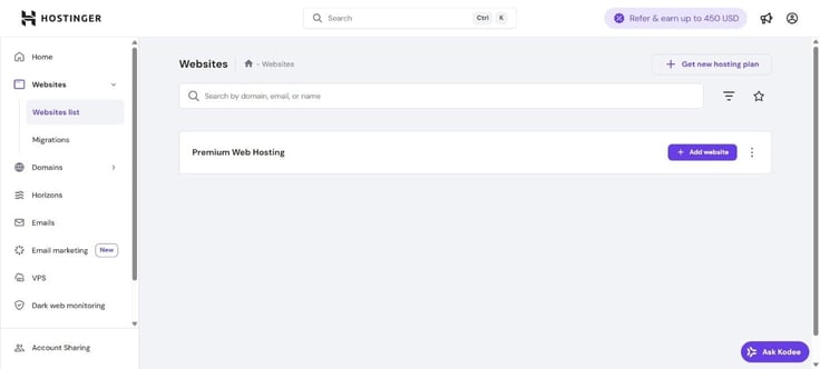 Screenshot of Websites list