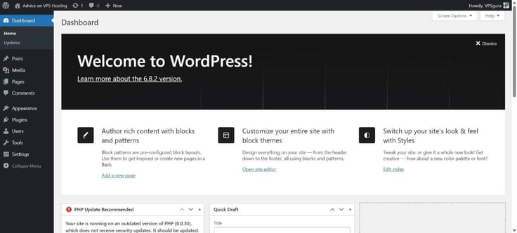 WordPress welcome screen.