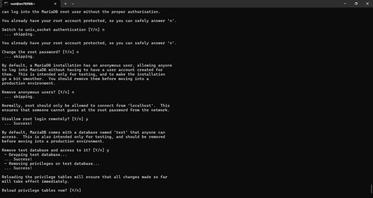 Command-line interface showing MariaDB secure installation setup with security configuration prompts.