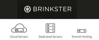 Brinkster logo and images depicting cloud, dedicated server, and shared hosting services