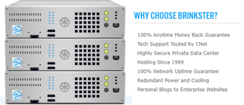 Photo of a server stack and text stating reasons to choose Brinkster for hosting
