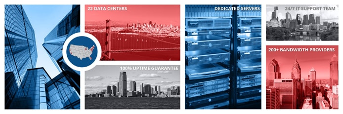 Photo collage of Colocation America's datacenter locations and dedicated servers Photo collage of Colocation America's datacenter locations and dedicated servers